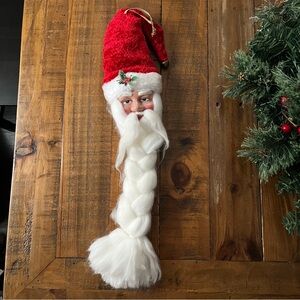 Vintage Santa Head Ornament Long Beard braided Doll Hat Red Large Plastic Holly